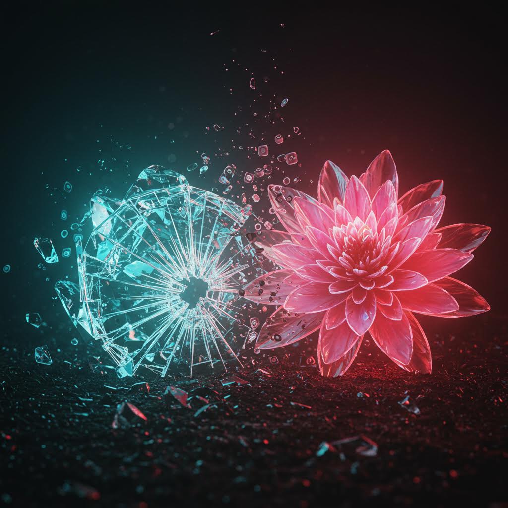 왼쪽의 청록색으로 빛나는 산산조각 난 유리와 오른쪽의 분홍색 연꽃이 대비를 이루며, 물방울과 입자들이 흩어지는 초현실적이고 개념적인 디지털 아트 - 파괴와 재생, 취약성과 아름다움의 이중성을 상징하는 이미지