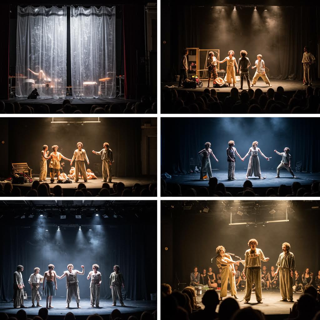 다양한 연극 공연 장면을 담은 6개의 무대 사진 콜라주 - 은색 커튼 뒤의 그림자 연기, 황금빛과 푸른 조명 아래 배우들의 드라마틱한 퍼포먼스, 관객 앞에서 손을 잡고 서 있는 앙상블 캐스트 등 다양한 연극적 순간들