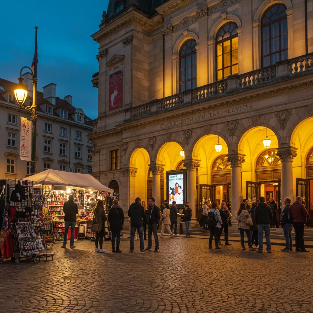 저녁빛에 물든 건물 앞에서 사람들의 대화가 번지고 온카스터디의 문화적 감성이 스며드는 풍경