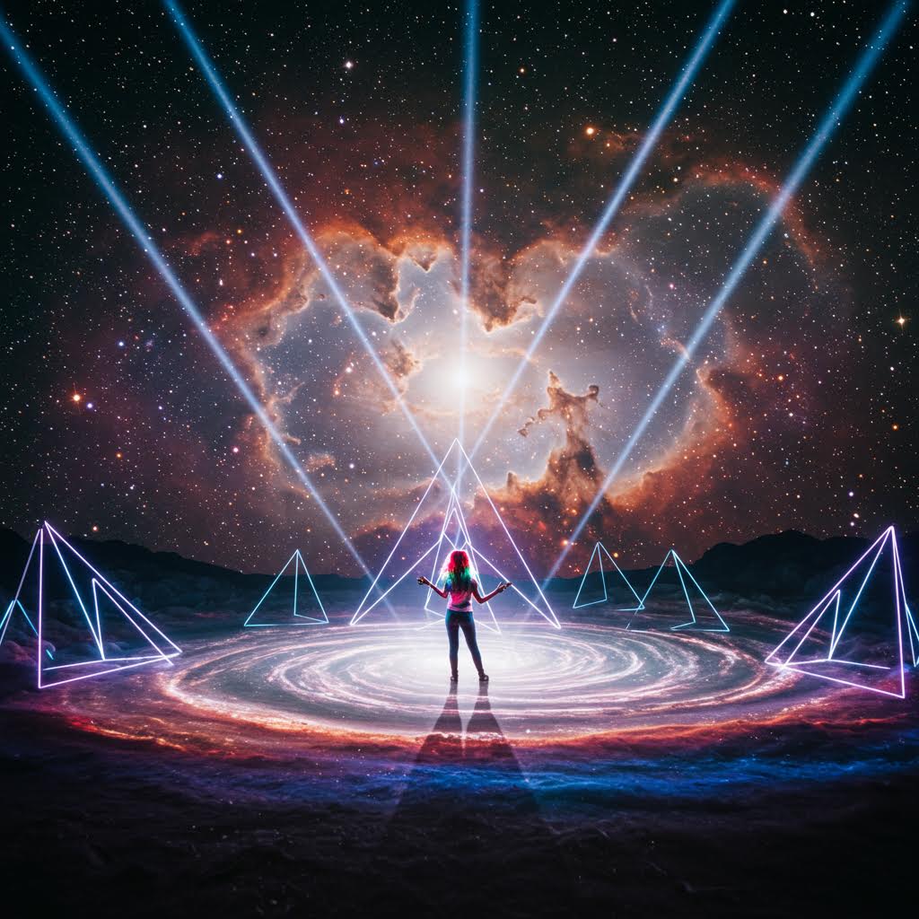 은하수 아래 빛의 피라미드가 둘러싼 원형 무대 위에 선 인물이 우주와 교감하는 듯한 장면