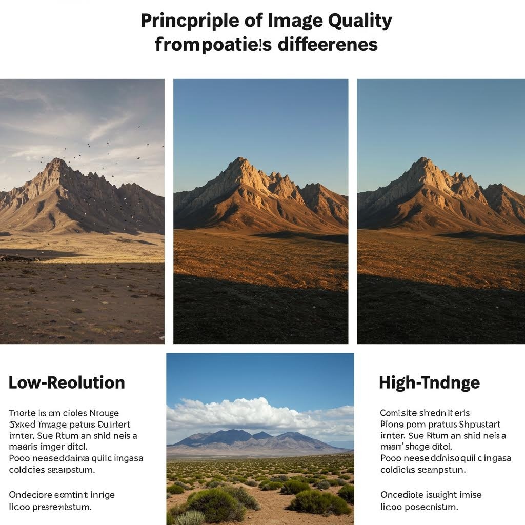 이미지 해상도 품질 원리 - 저해상도와 고해상도 산악 풍경 사진 비교를 통한 화질 차이 설명