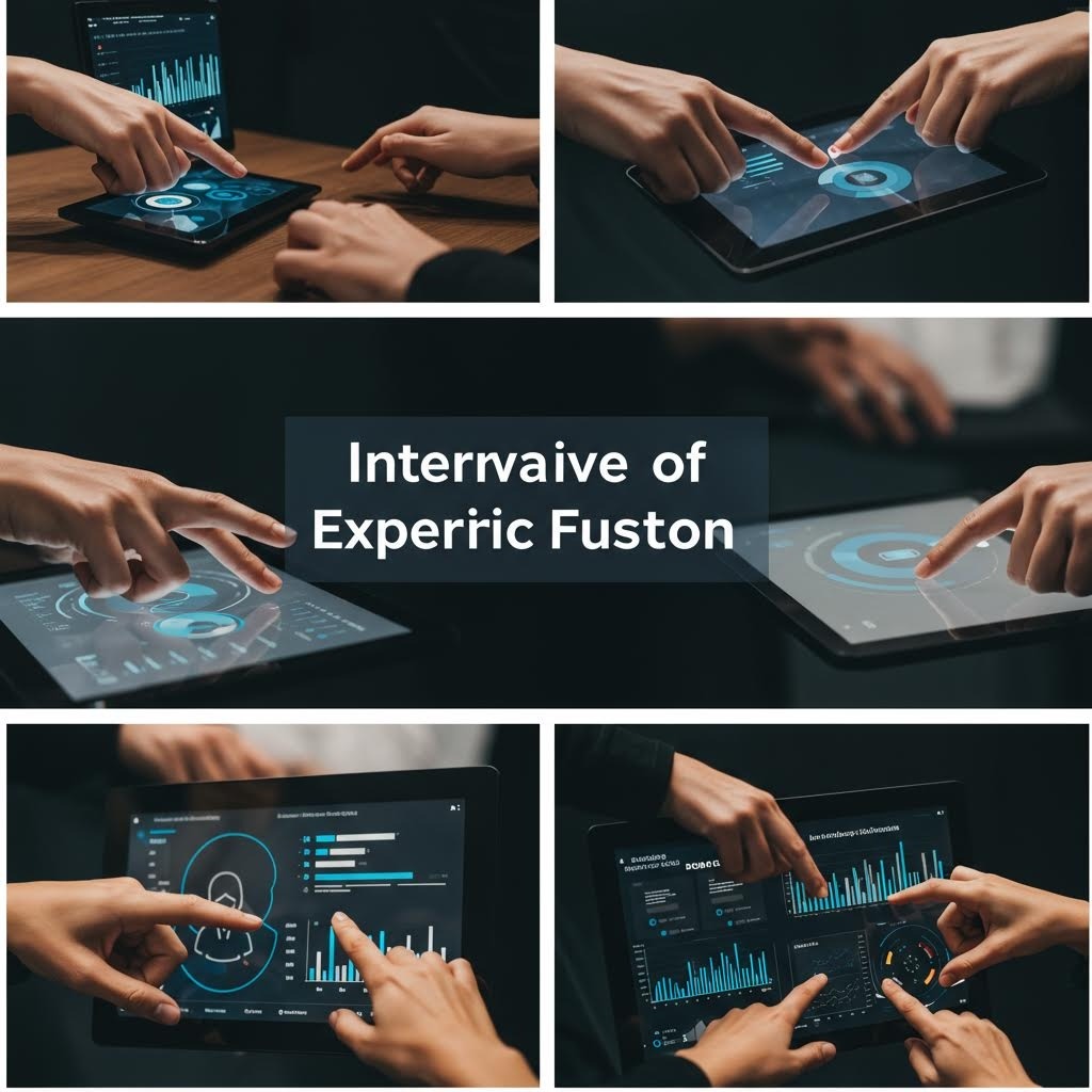 분석 대시보드 및 데이터 시각화를 표시하는 태블릿과 상호 작용하는 여러 손을 보여주는 5개의 이미지 그리드와 중앙에 