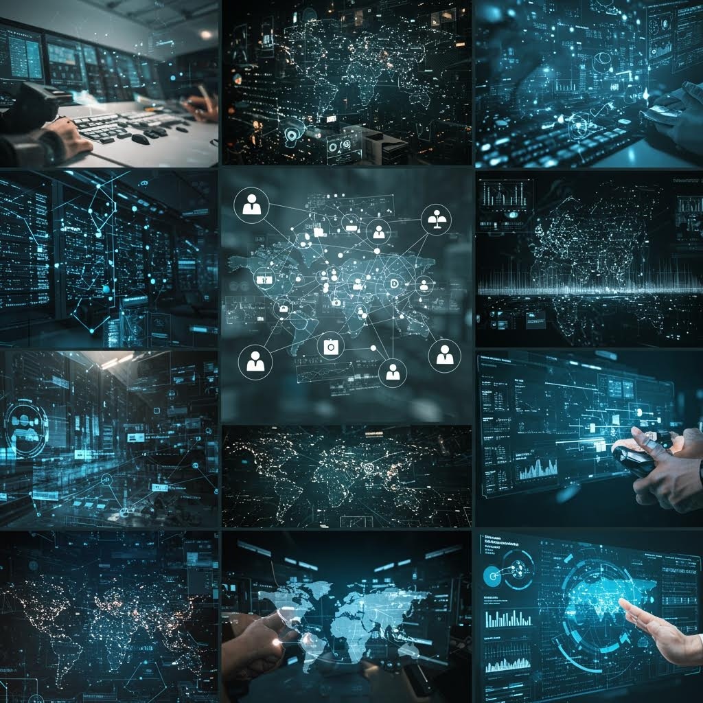 글로벌 네트워크 기술 콜라주 - 세계 지도, 데이터 연결, 사용자 네트워크, 디지털 인터페이스 시각화 이미지 모음