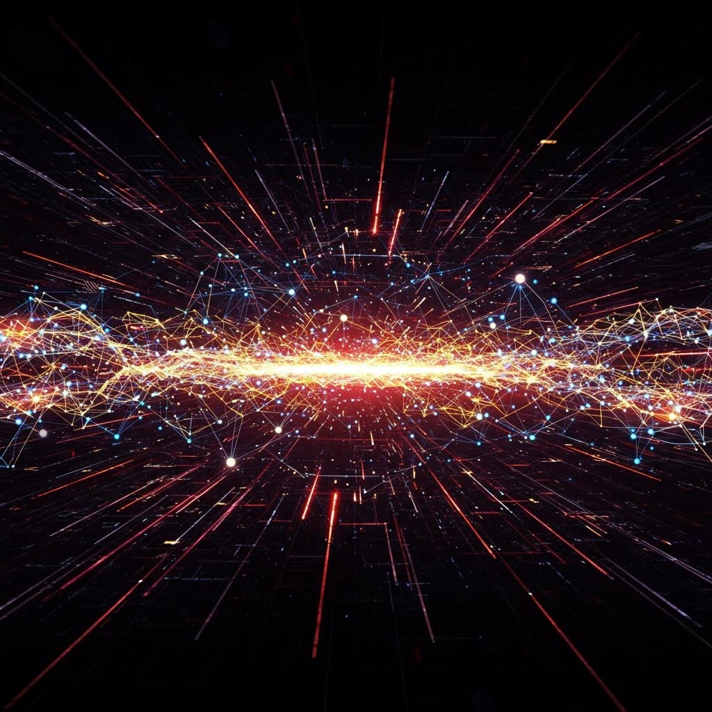 빨간색과 주황색 빛으로 폭발하는 중앙 밝은 코어에서 방사되는 상호 연결된 노드 및 입자의 역동적인 디지털 네트워크