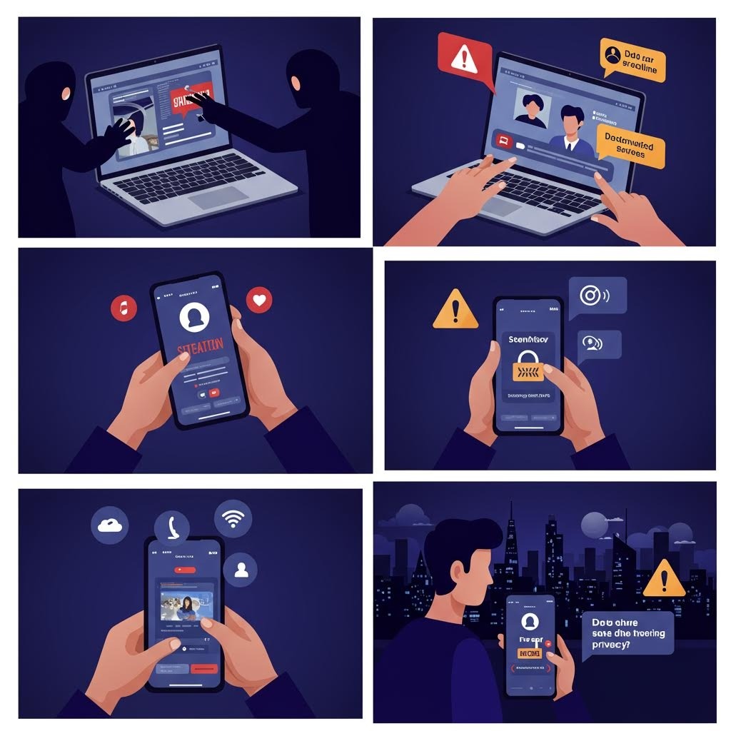 온라인 사기 및 개인정보 보호 일러스트 - 해커, 피싱 경고, 스마트폰 보안 위협을 표현한 사이버 범죄 개념 그래픽