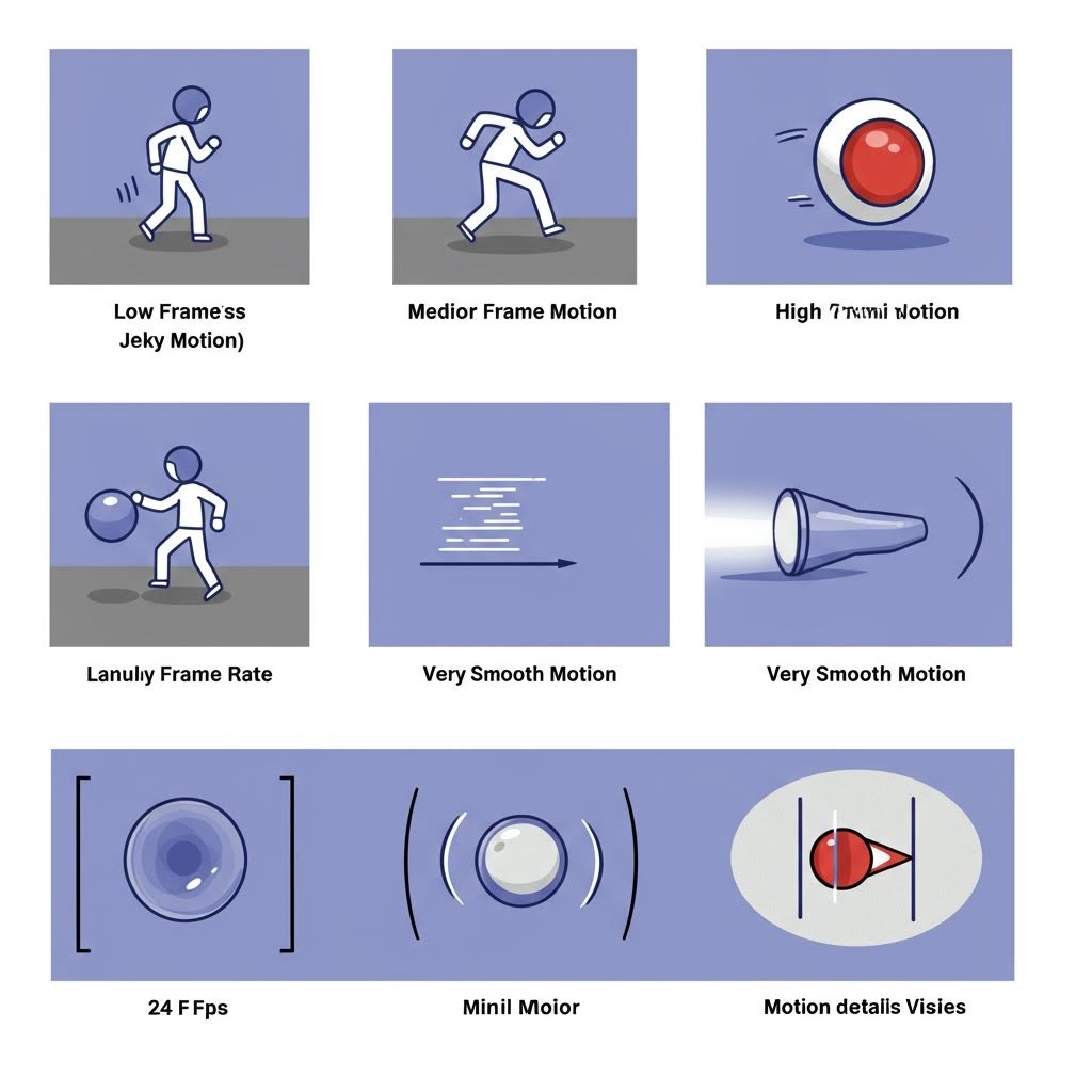 프레임 레이트 개념 일러스트 - 낮은 FPS부터 높은 FPS까지 움직임 부드러움 차이를 보여주는 애니메이션 다이어그램