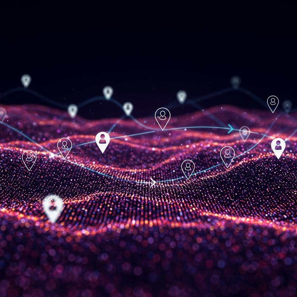 사용자 아이콘이 있는 위치 핀으로 연결된 보라색과 분홍색 빛나는 디지털 파동 위의 소셜 네트워크