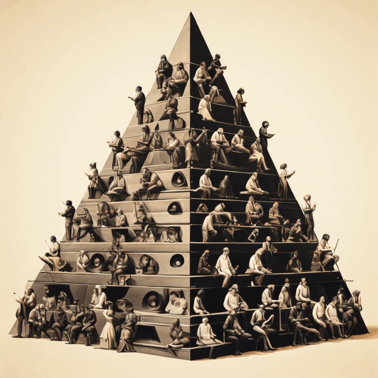 위로 갈수록 크고 화려한 스피커가, 아래로 갈수록 작고 흐릿한 스피커가 피라미드 형태로 쌓여 있는 모습이다.