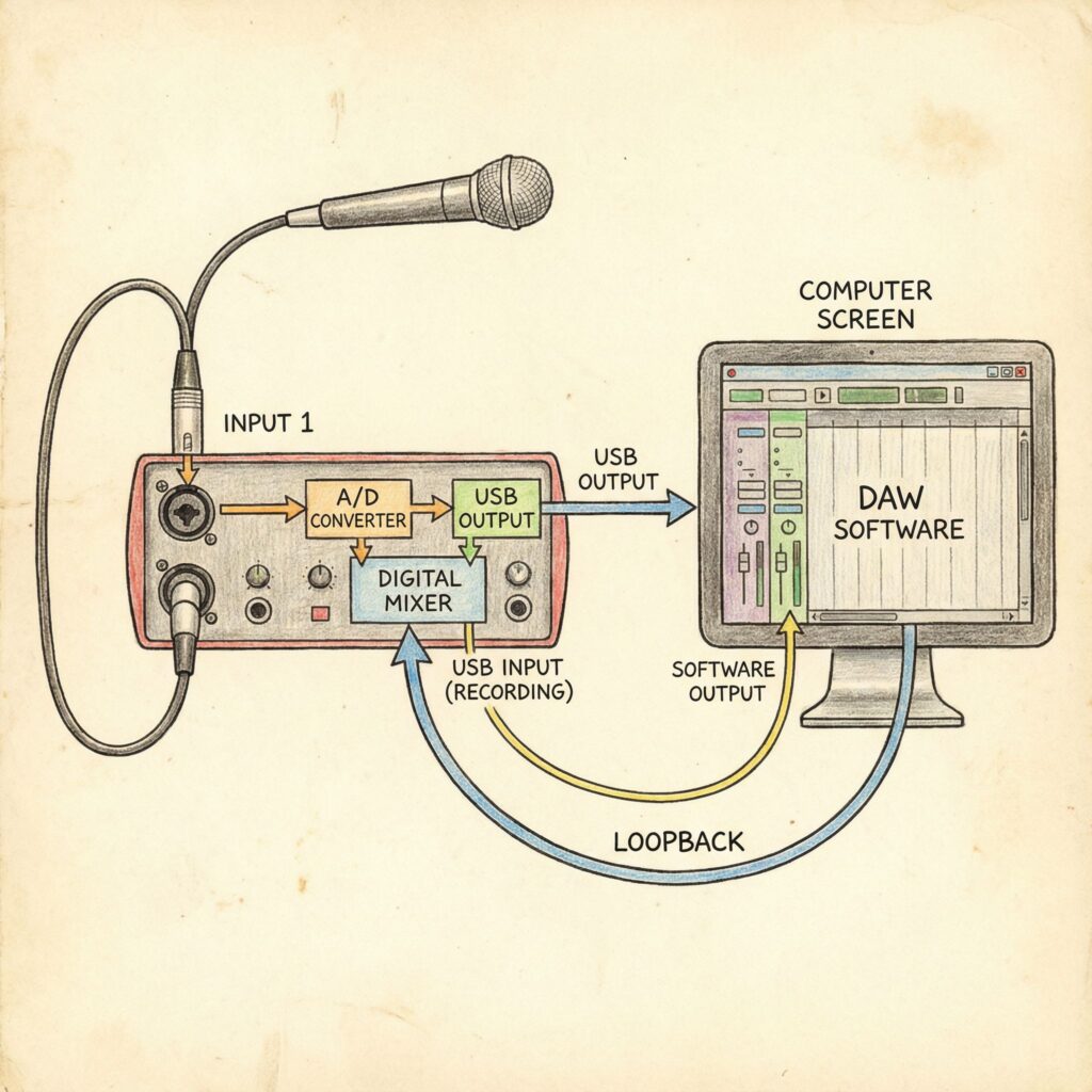 검은색 오디오 인터페이스에 연결된 마이크에서 나온 화살표가 컴퓨터 소프트웨어로 이어져 다시 입력되는