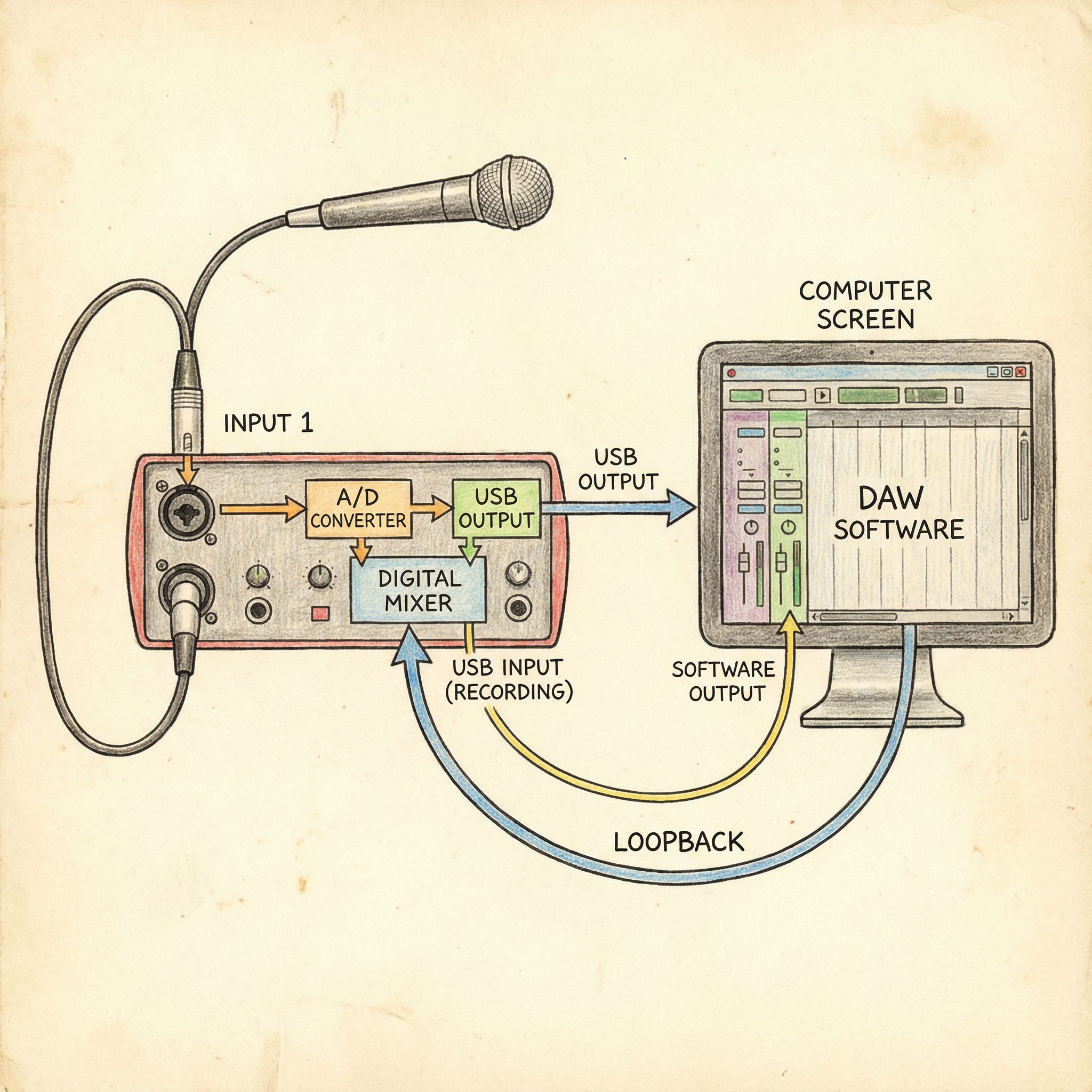 검은색 오디오 인터페이스에 연결된 마이크에서 나온 화살표가 컴퓨터 소프트웨어로 이어져 다시 입력되는