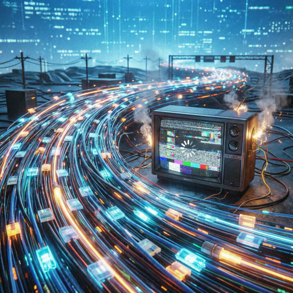 넓고 빠르게 흐르는 강이 작은 텔레비전 화면으로 흘러들어가며 깨진 신호를 띄우는 모습이다.