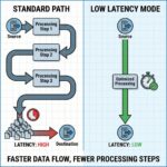 파란색과 빨간색 화살표로 데이터 흐름을 표현한 다이어그램으로, 간소화된 경로가 빠른 처리를 보여주고