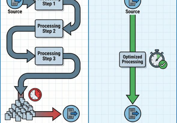 파란색과 빨간색 화살표로 데이터 흐름을 표현한 다이어그램으로, 간소화된 경로가 빠른 처리를 보여주고
