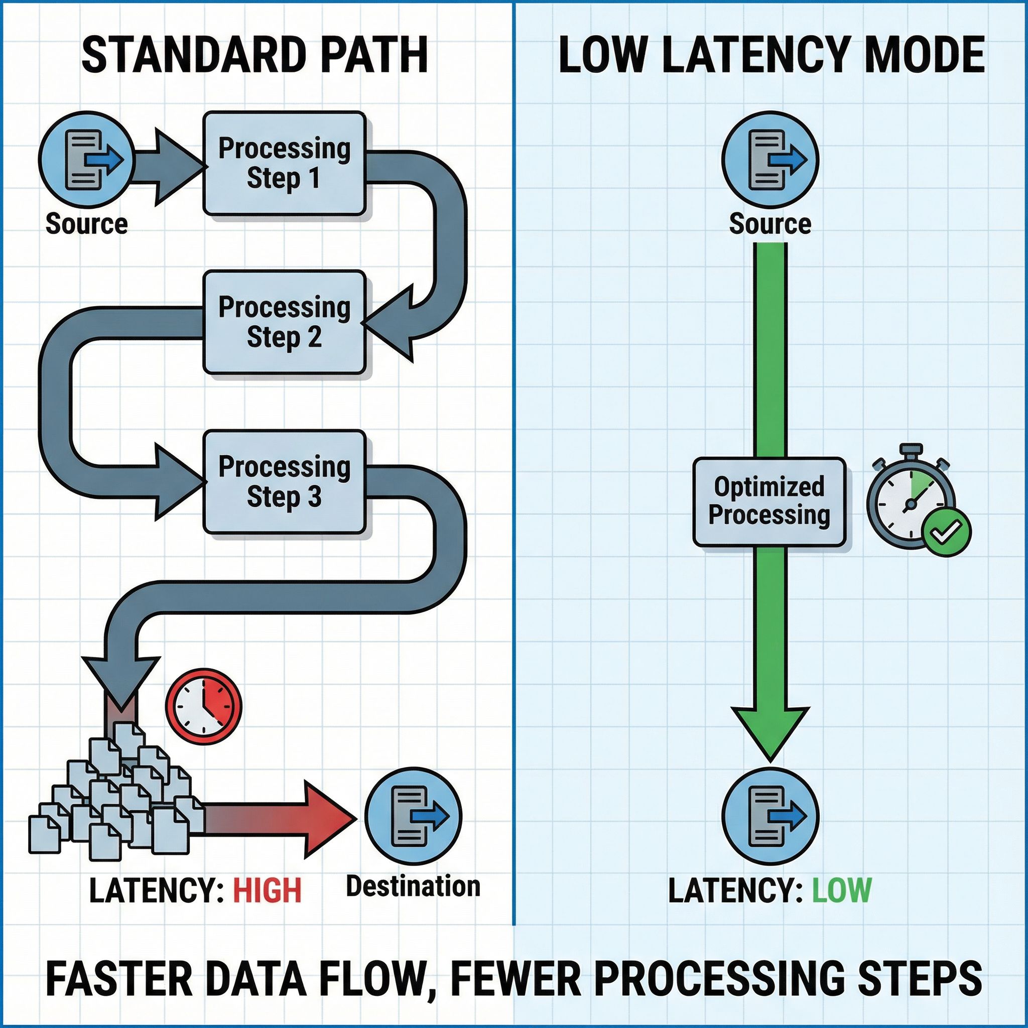여러 단계를 거쳐 흐르는 경로와 곧바로 연결되는 직선 경로가 좌우로 대비된 설명형 장면