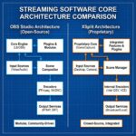 화면이 좌우로 나뉘어 OBS 스튜디오와 XSplit의 핵심 구조를 흰색 배경에 검정색 도표로 비교한