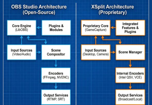 화면이 좌우로 나뉘어 OBS 스튜디오와 XSplit의 핵심 구조를 흰색 배경에 검정색 도표로 비교한