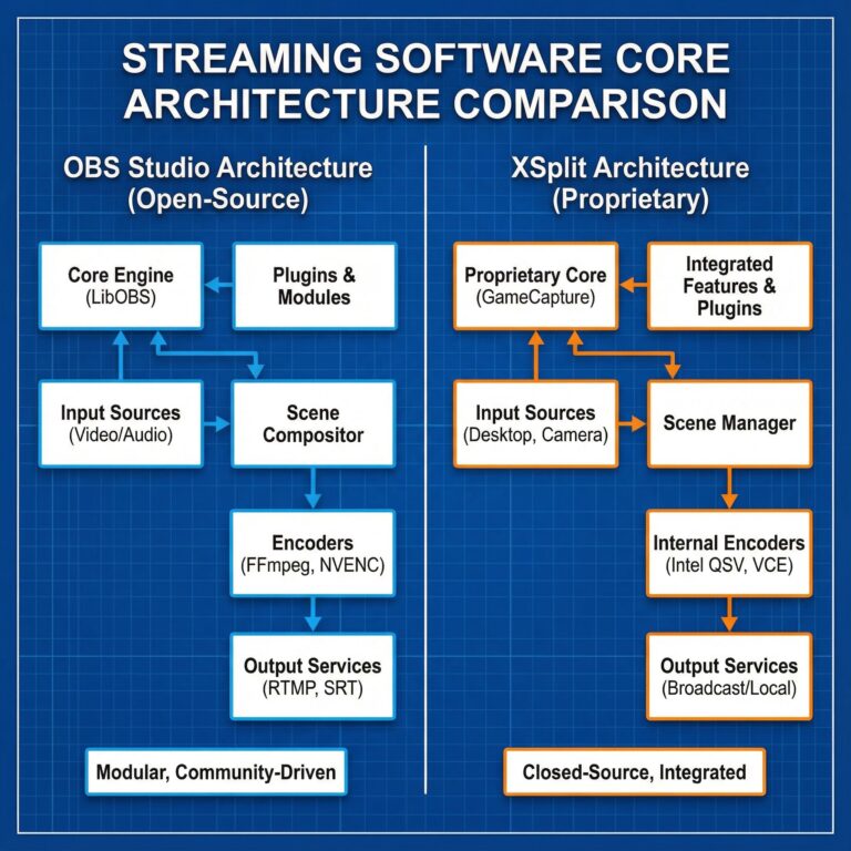 화면이 좌우로 나뉘어 OBS 스튜디오와 XSplit의 핵심 구조를 흰색 배경에 검정색 도표로 비교한