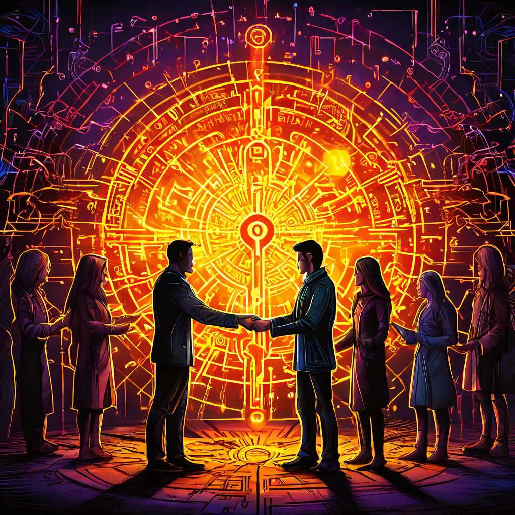 새로운 구성원을 상징하는 열쇠가 생동감 있는 색상의 복잡한 연결망 속으로 들어가며 첫 인사를 건네는 모습이다.