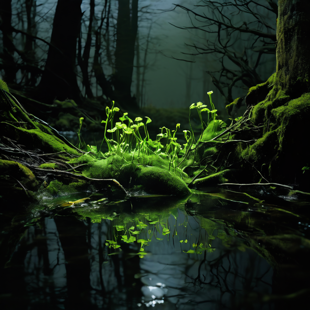 검은빛 고인 연못 가장자리에서 뒤틀린 뿌리들이 새로 돋아나는 푸른 싹을 옭아매고 있는 모습이다.