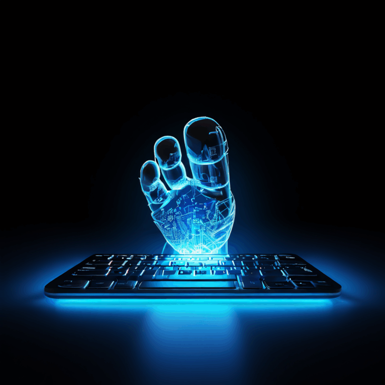 빛나는 키보드 위에 망설이며 멈춘 발과 배경의 의심과 호기심의 그림자가 어른거리는 모습이다.