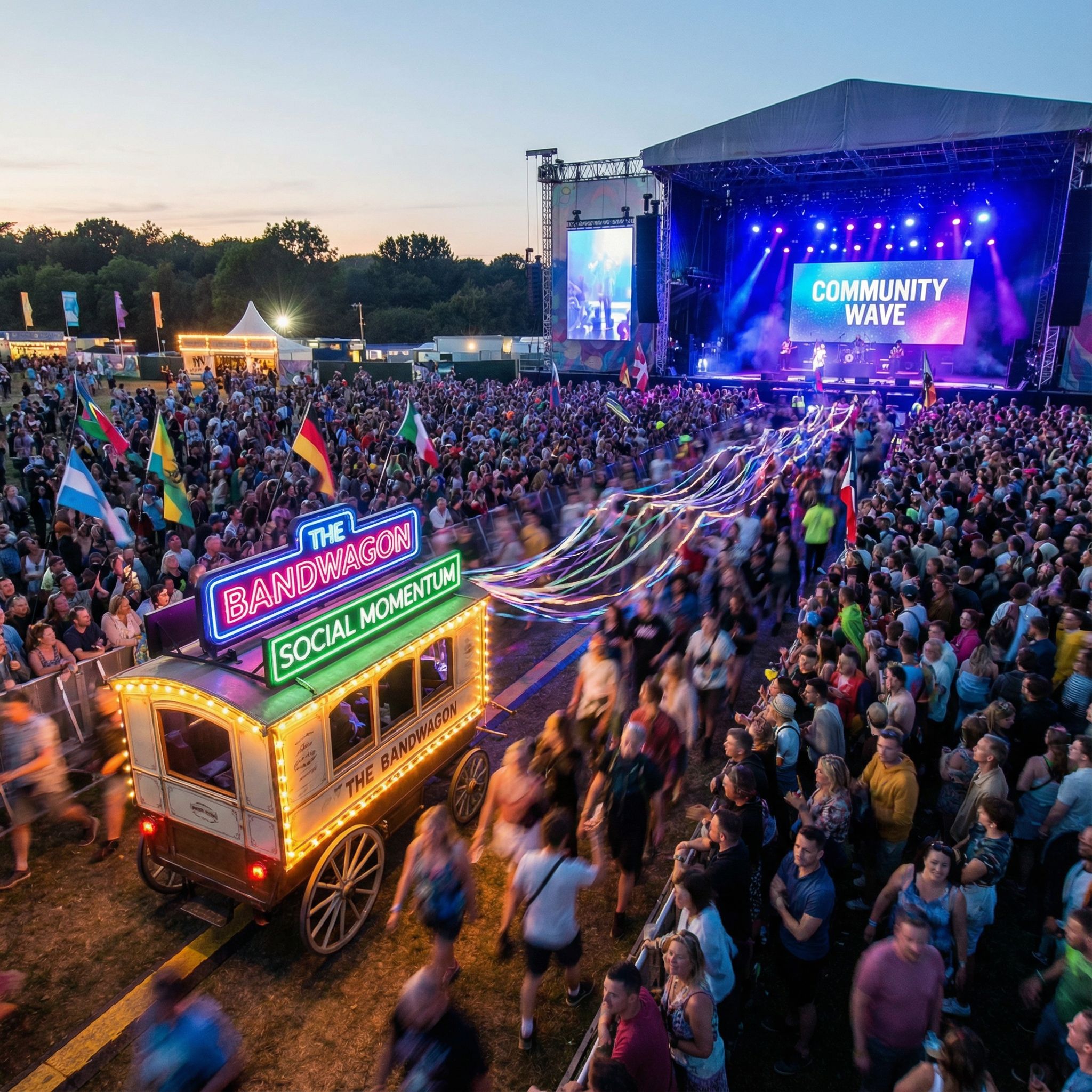 다양한 사람들이 형형색색의 빛나는 악단 마차를 따라 물결처럼 무대 쪽으로 몰려가는 활기찬 모습이다.