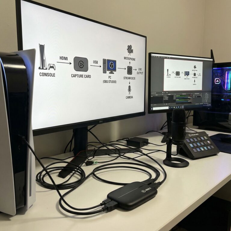 검은색 캡처 카드가 게임 콘솔과 컴퓨터를 연결하고, 모니터에는 실시간 방송 구성도가 표시된 모습이다.