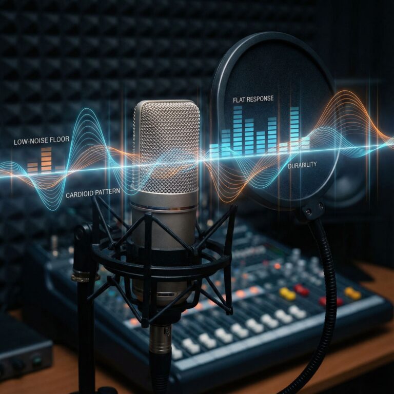 검정색 방송용 마이크를 중심으로 퍼져 나가는 파란색 음파와 주파수 그래프가 음성 품질의 중요성을 강조하는