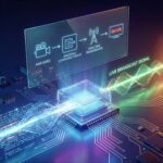 빛나는 푸른색 데이터 흐름이 프로세서로 유입되어 생방송 신호로 변환되는 모습이다.