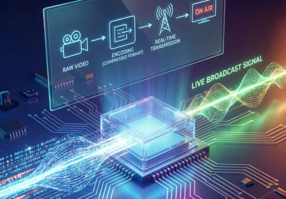 빛나는 푸른색 데이터 흐름이 프로세서로 유입되어 생방송 신호로 변환되는 모습이다.
