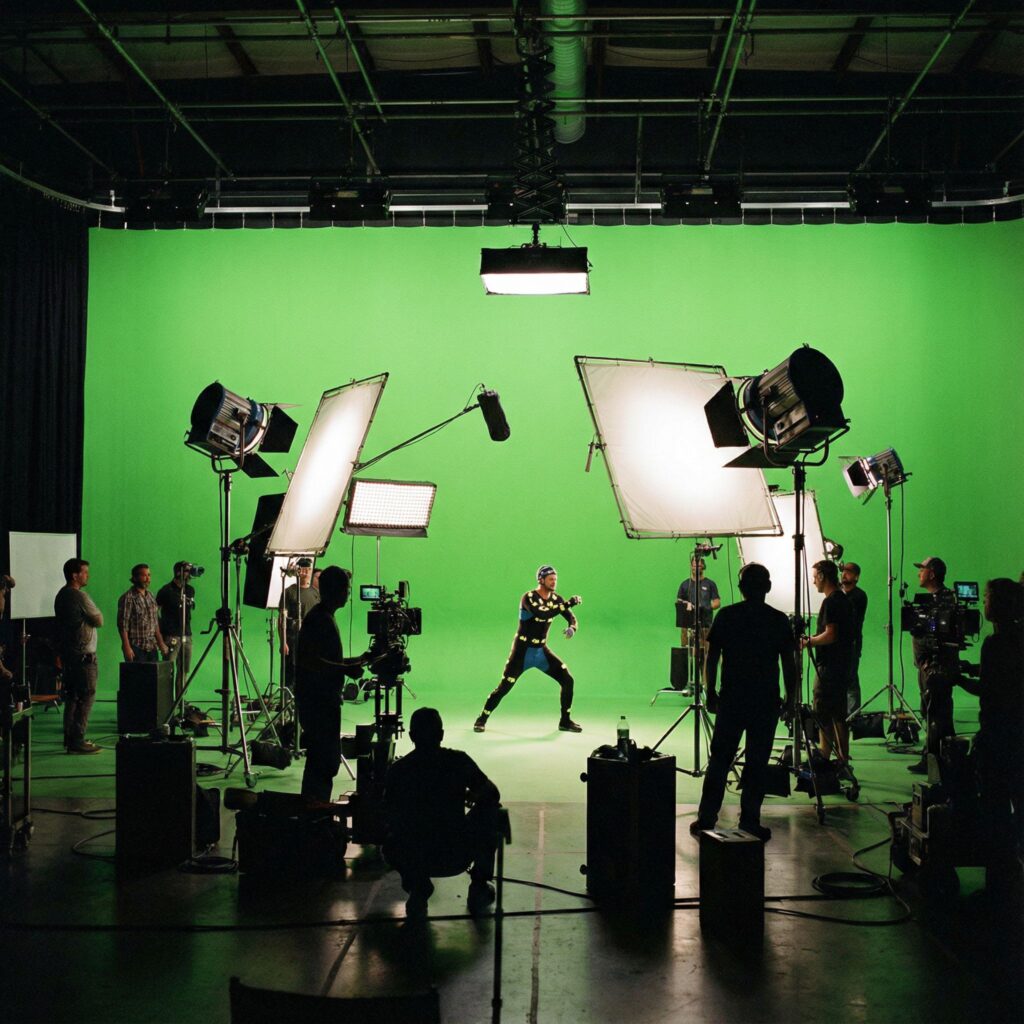 크고 밝은 녹색 배경 앞에 배우가 서 있고, 이를 비추는 다양한 영화 조명 장비가 배치된 전문적인 촬영