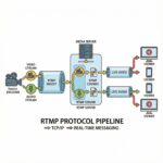 파란색과 흰색 화살표로 연결된 데이터 파이프라인에 영상과 음성 스트림이 소스에서 서버를 거쳐 시청자에게