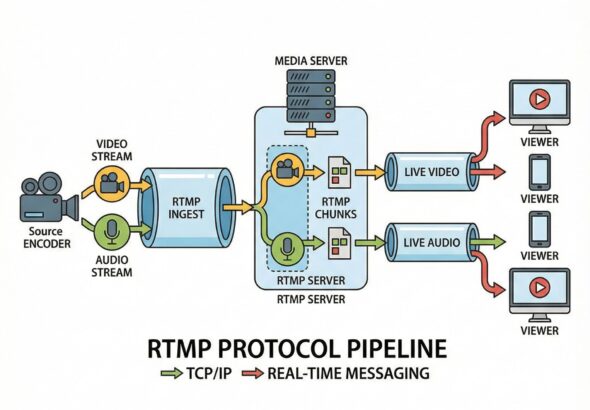 파란색과 흰색 화살표로 연결된 데이터 파이프라인에 영상과 음성 스트림이 소스에서 서버를 거쳐 시청자에게