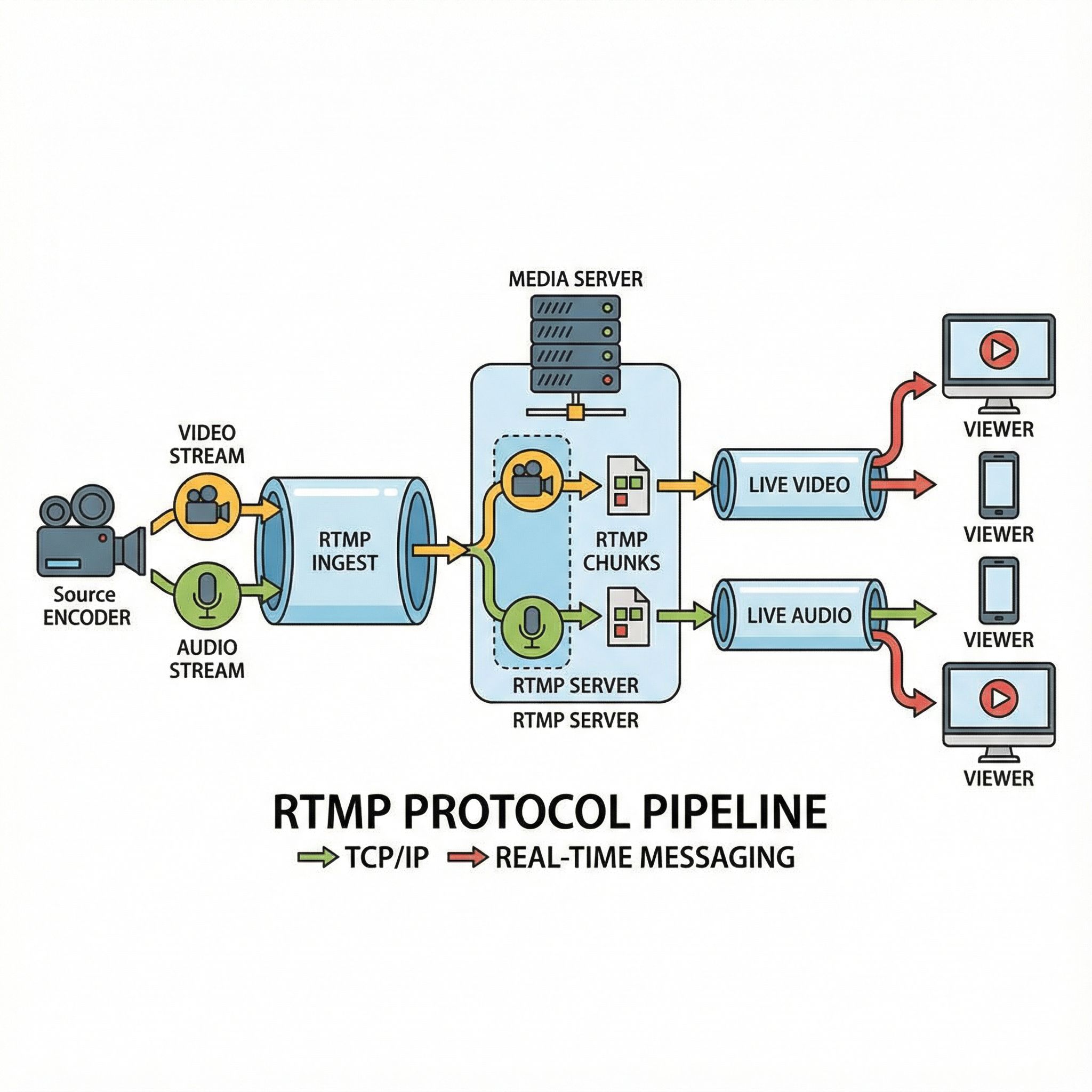 소스 인코더에서 전송된 영상과 음성이 서버를 거쳐 시청자에게 전달되는 흐름을 도식화한 장면