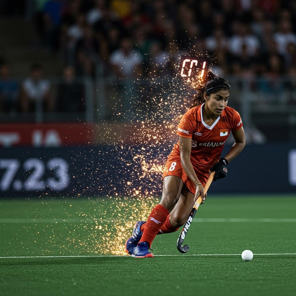 빨간 유니폼을 입은 여자 필드하키 선수가 경기 중 볼을 드리블하는 역동적인 장면. 선수의 움직임을 따라 황금색 불꽃 효과가 폭발하듯 튀어 'EPL' 로고가 불꽃 속에 떠 있으며, 흐릿한 관중석이 배경을 이룸