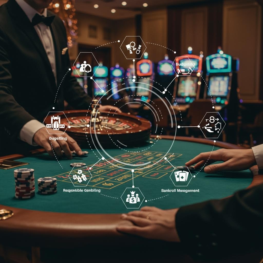 카지노 룰렛 테이블 위에 증강현실(AR) 인터페이스가 오버레이된 미래형 개념 이미지. 원형 네트워크로 연결된 육각형 아이콘들에 'Bagetting', 'Responsible Gambling', 'Bankroll Management' 등의 텍스트가 표시되고, 배경에 슬롯머신들이 흐릿하게 보임. 딜러와 플레이어의 손이 테이블에서 게임 중