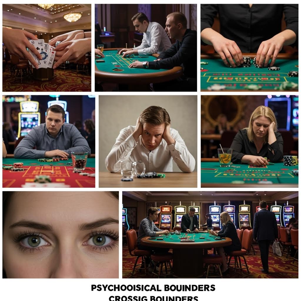 도박의 심리적 경계선을 보여주는 9장의 사진 콜라주. 포커 카드를 섞는 손, 카지노 테이블에서 게임하는 남성들, 칩을 쌓는 손, 스트레스받는 도박꾼들의 표정, 슬롯머신 앞의 사람들, 클로즈업된 눈동자 등 도박 중독의 다양한 측면을 담고 있으며, 하단에 'PSYCHOOISICAL BOUNDERS CROSSIG BOUNDERS' 텍스트가 있음