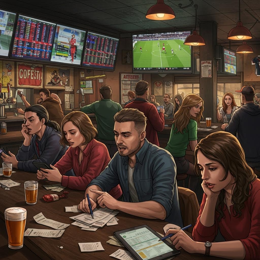스포츠 베팅 바의 일러스트레이션. 여러 사람들이 테이블에 앉아 베팅 용지를 작성하고 스마트폰을 보며, 벽면의 대형 스크린에는 축구 경기와 배당률 보드가 표시됨. 따뜻한 조명 아래 맥주잔과 베팅 티켓이 놓인 사실적인 만화풍 그림