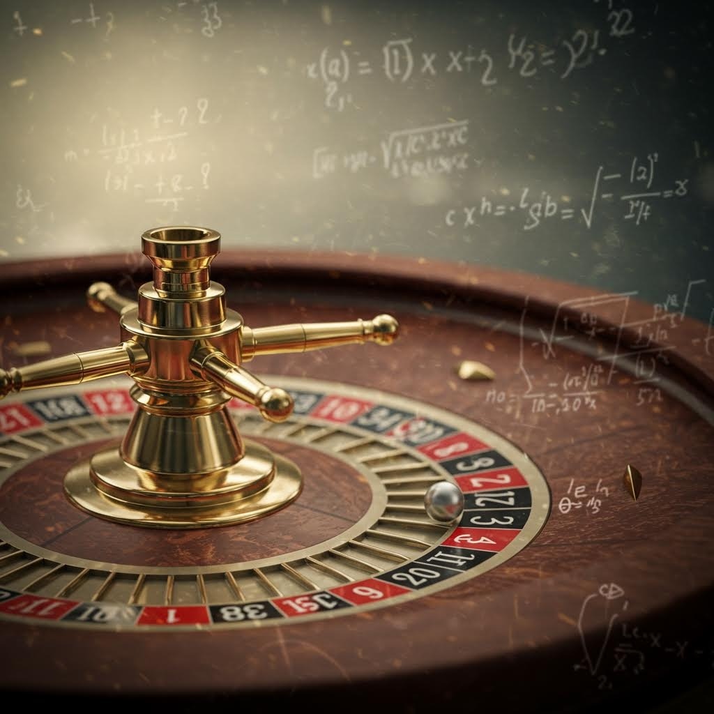 황금색 룰렛 휠의 클로즈업 샷. 정교한 금속 스피너와 빨강-검정 번호판이 선명하게 보이며, 배경에 수학 공식과 방정식이 칠판처럼 오버레이되어 도박의 확률과 수학적 계산을 상징함