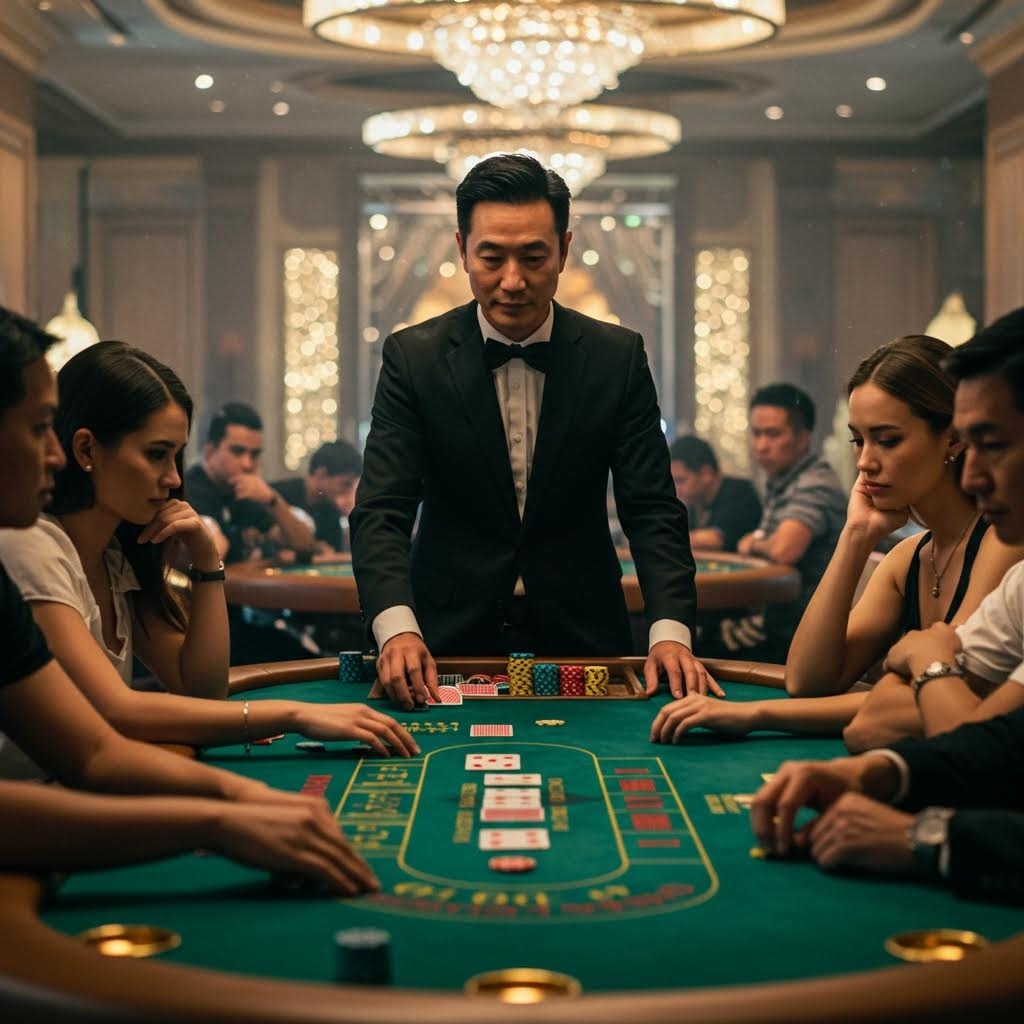 고급 카지노의 바카라 테이블 장면. 정장을 입은 딜러가 중앙에 서서 카드를 다루고, 양쪽에 우아한 여성 플레이어들이 앉아 게임을 지켜보며, 녹색 펠트 테이블 위에 칩과 카드가 놓여 있음. 배경에 샹들리에와 다른 게임 테이블들이 보이는 고급스러운 분위기